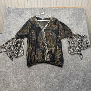 Mirror Image Blouse Womens XL Black Paisley Leopard Bell Sleeve Sheer Boho Top